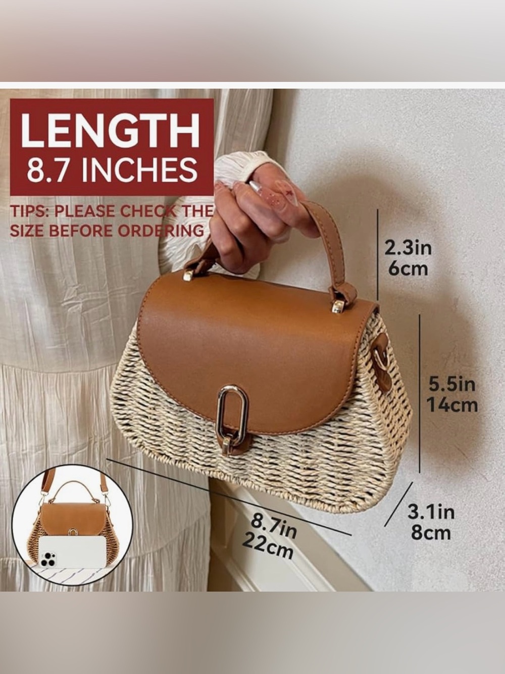 Woven Tan and Cream Top-Handle Satchel with Adjustable Strap - Picture 6 of 6